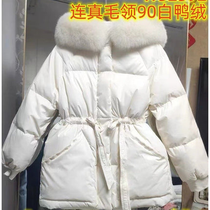 Dongdaemun White Duck down Jacket Women's 2023 Winter New Drawstring Waist Real Fox Fur Collar down Jacket