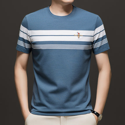 Mingdi Mouse Summer New Round Neck Striped Short-sleeved Young and Middle-aged Men's T-shirt Casual Embroidered Loose T-shirt Top
