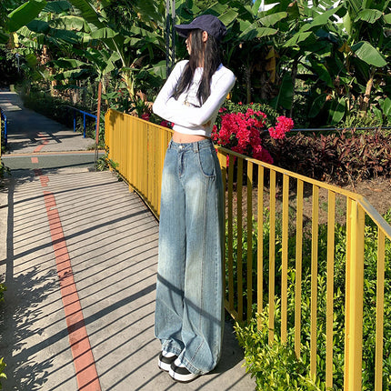 2025 Spring New American Style Retro Scimitar Wide Leg Jeans Women's High Waist Straight Loose Slim-fit Mop Pants