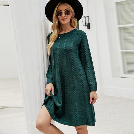 Cross-Border Export Popular Autumn and Winter Fashion Pure Color Long Sweater Dress Round Neck Cable Loose A-Line Knitted Dress