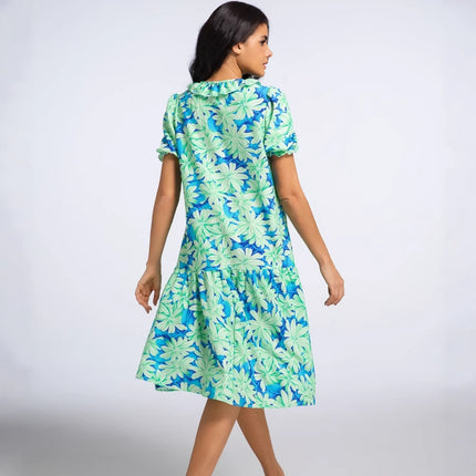 2025 Summer Women's New Ruffled Sleeve Women's European and American Pleated Bow Thai Print Long Skirt Dress