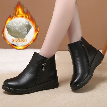Mom's Shoes, Winter Fleece-Lined Soft Leather Cotton Shoes for Women, Warm Non-Slip Flat-Soled Middle-Aged Leather Shoes, Soft-Soled Short Boots for Middle-Aged and Elderly People