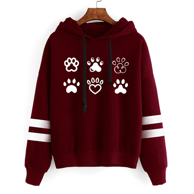 in stock Foreign Trade Cross-border Love Dog Feet Printed Parallel Bars Striped Sweatshirt Men's and Women's European and American Autumn and Winter Jacket