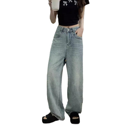 2024 New Spring wash blue loose leg leisure straight Denim mop trousers female