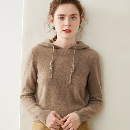 Autumn and Winter Hooded Cashmere Sweater Cashmere Long-Sleeved Pullover Versatile Pure Color Windproof Warm Hooded Cashmere Sweater for Women