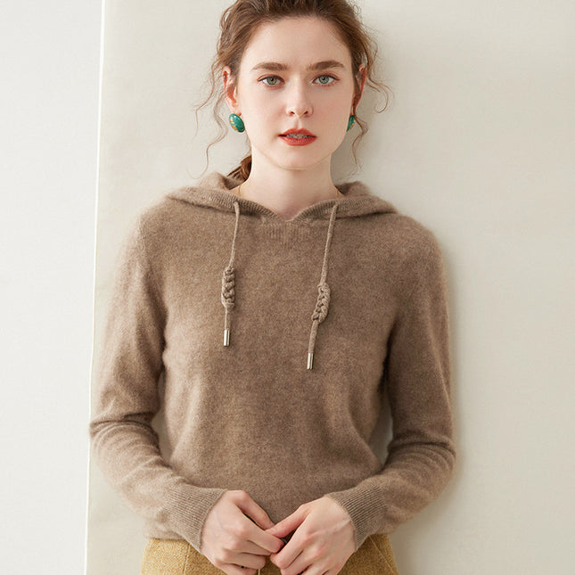 Autumn and Winter Hooded Cashmere Sweater Cashmere Long-Sleeved Pullover Versatile Pure Color Windproof Warm Hooded Cashmere Sweater for Women