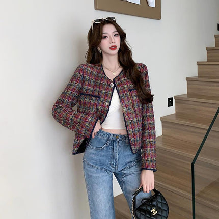2026 Real Shot Wine Red Contrast Plaid Woven Short Jacket in Chanel Style Elegant Lady's Top