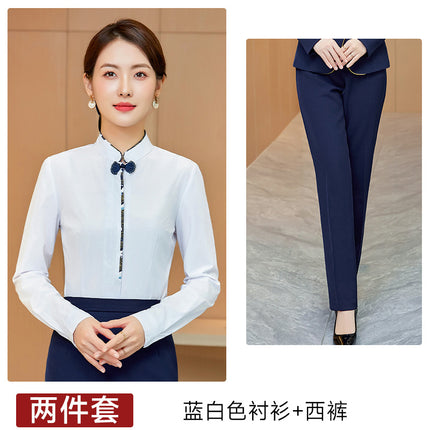 White Shirt Women's Vertical Collar Slim-fit Slimming Top with Buckle Korean Style Elegant Hotel Front Desk Attendant Professional Shirt