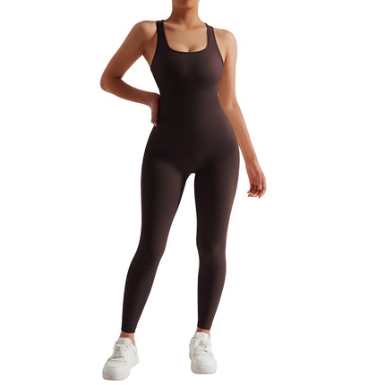 2024 new solid color sleeveless U-neck back hollow yoga tight jumpsuit sports jumpsuit