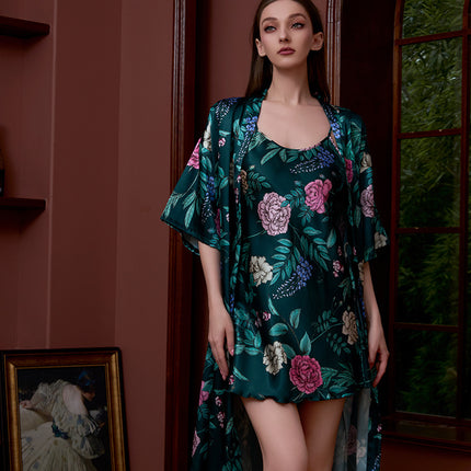 Cross-border printed nightgown suit women summer sexy ice silk middle sleeve plus size bathrobe silk bridal morning gown manufacturers wholesale