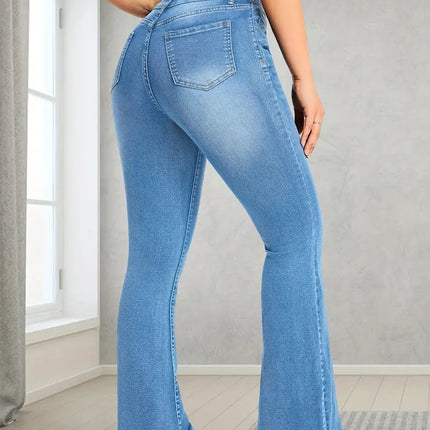 European and American Cross-Border Women's Jeans Stretch Multi-Craft Flap Pocket Pants Design Loose Bell Bottoms Slim Light Blue Trousers