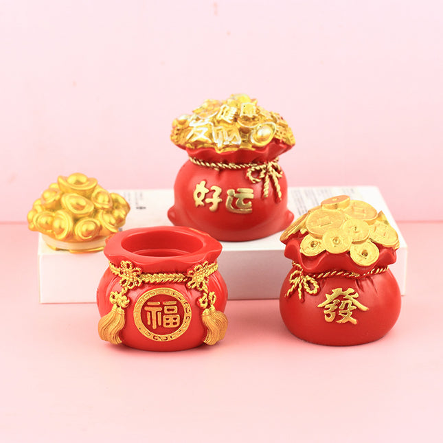 New Chinese-Style Festive Fortune Tree Resin Ornament for Office Desk, with Ingot and Lucky Bag, New Year Gift, Treasure Bowl