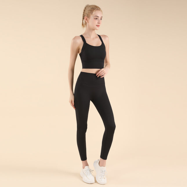 Contrast Color High-Intensity Fitness Yoga Suit for Women with Cross-Back, High-Waist and Hip-Lifting Pilates Running Tight Yoga Suit