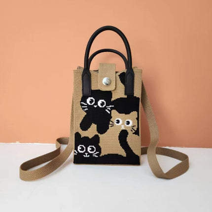 New Woven Simple Fashion Mobile Phone Bag Cute Cartoon Cat Knitted Bag Women's Small Square Bag Color Heart