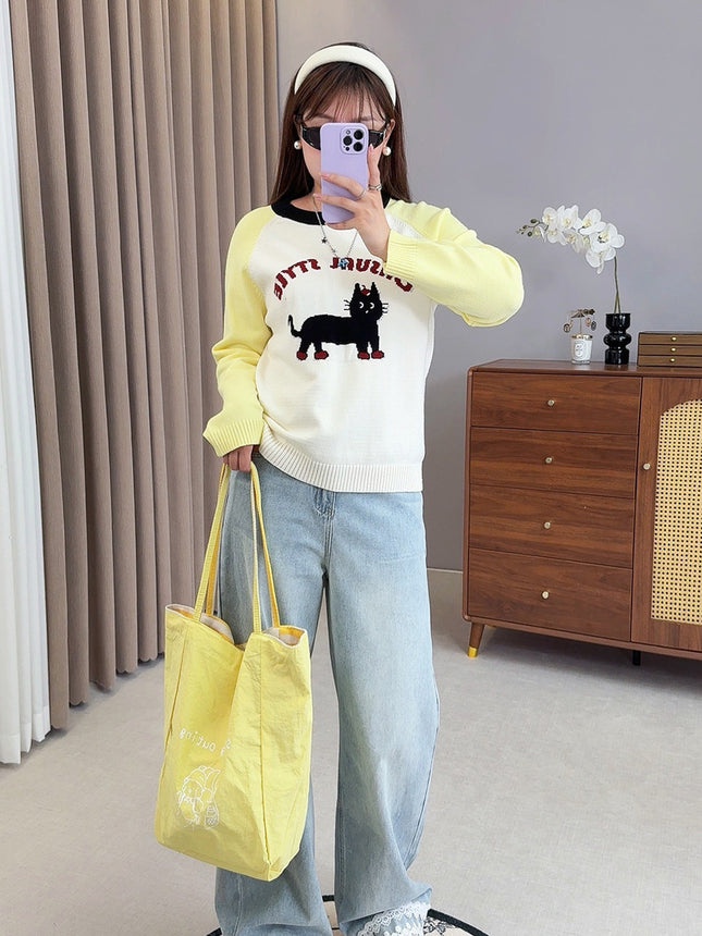Shuangtian 2025 New Autum Plus Size Women's Knitwear Fat Girl Cartoon Cat Contrast Color Knitwear F561