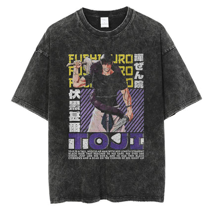 Huge Anime Flat Print Couple T-Shirt Washed Black Streetwear
