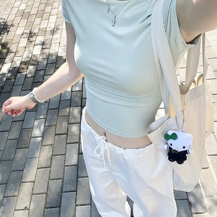 Mint Green Right Shoulder Short-Sleeved T-Shirt for Women Summer 2025 New Slim Waist Slimming Look Short Niche Chic Top