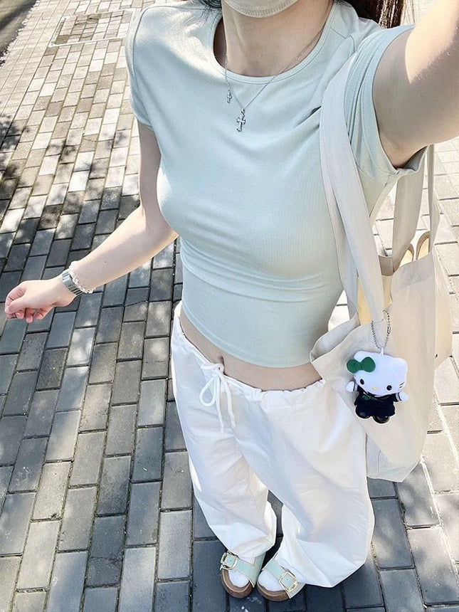 Mint Green Right Shoulder Short-Sleeved T-Shirt for Women Summer 2025 New Slim Waist Slimming Look Short Niche Chic Top