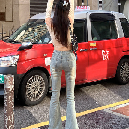 Washed Nostalgic American Style Micro-horn Trendy Brand Jeans Spring Autumn and Summer New High Waist Slimming Stretch Horseshoe Pants