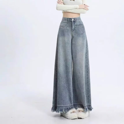 Wide Leg Jeans Women's Summer High Waist Slimming Loose Burr Edge Design Sense Dipped Pear-Shaped Figure Small Straight Pants