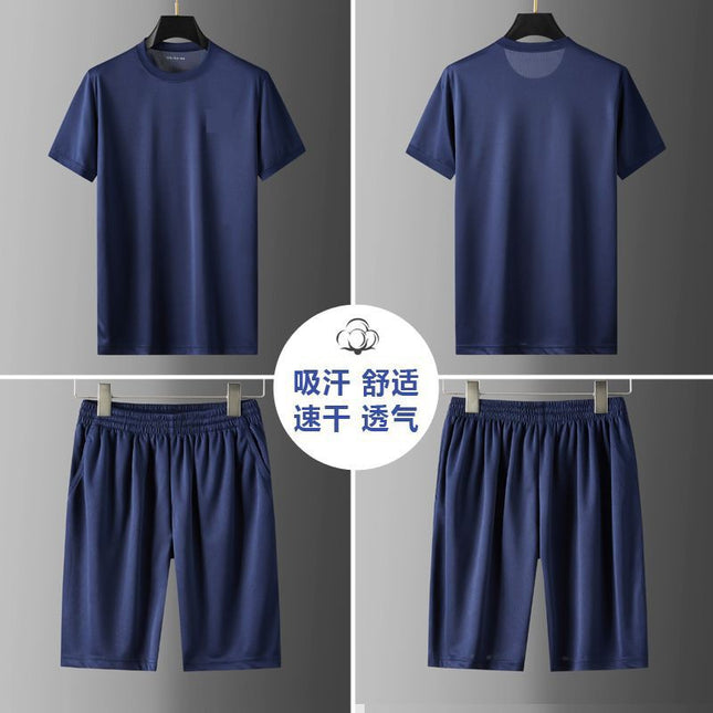 Summer New Quick-Drying Sports Physical Training Clothing Short-Sleeved Shorts Suit Men's Round Neck Breathable Sweat-Absorbent T-Shirt Pure Color