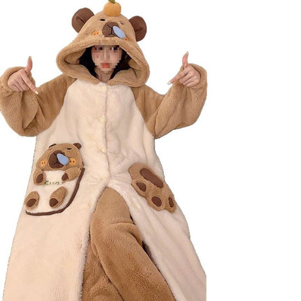 Autumn and Winter Coral Velvet Pajamas Cartoon Nightgown Set Capibala Women's Velvet Thickeneded Cold-Proof and Warm Home Clothes