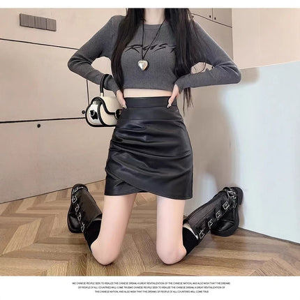Black pu leather skirt skirt women's autumn and winter 2025 new high waist slimming irregular pleated hip skirt