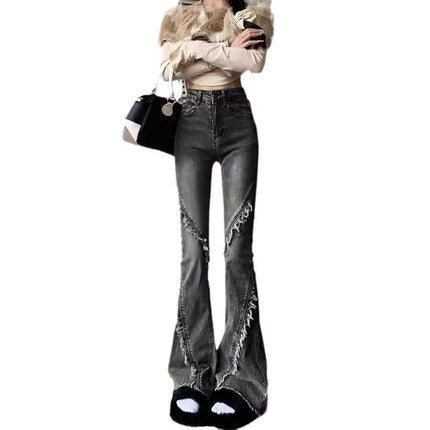 Black Grey Weakly Lamb Jeans Women's Trendy All-match New High Waist Slim-fit Rust Design Sense Horseshoe Trumpet Long Pants