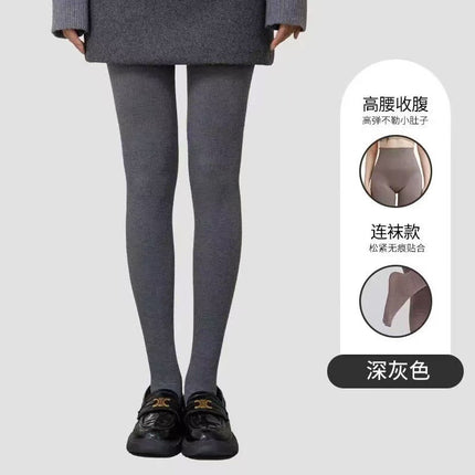 Japanese-Style High-Waisted Cotton Ribbed Leggings for Autumn and Winter, Warm, Fleece-Lined, Thick, Outerwear, Slimming, Tight-Fitting Pantyhose with Vertical Stripes