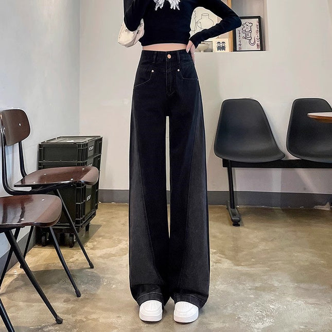 Gradient Contrast Color Wide Leg Jeans Women's Fashion All-match Black Grey Flesh Covering Slimming High Waist Straight Trousers