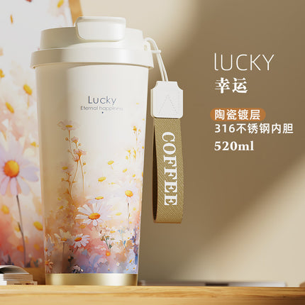 New Ceramic Thermos Coffee Cup for Girls, a Lucky Charm with High Aesthetic Value, Double Drinking Cup, Lily of the Valley Gift Cup