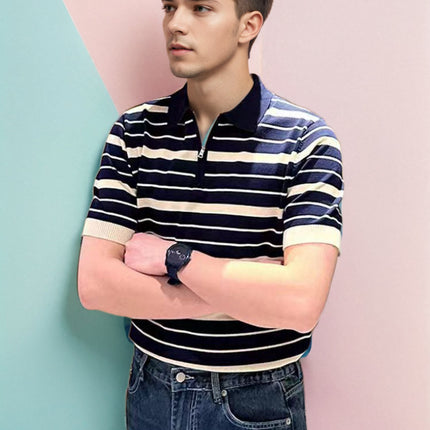 Summer Wear Light Mature Simple Fashion High-end Striped Polo Shirt Men's Young and Young Men's Slim-fit Half-zipper Led T-shirt Men's