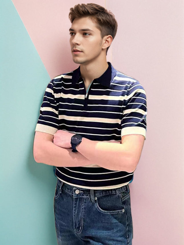 Summer Wear Light Mature Simple Fashion High-end Striped Polo Shirt Men's Young and Young Men's Slim-fit Half-zipper Led T-shirt Men's