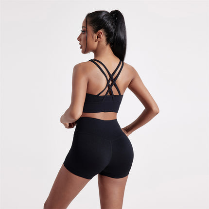 Summer Solid Color Fitness suit Two-Piece Sexy Back Cross Sports Underwear Naked Tight Three-Piece Shorts