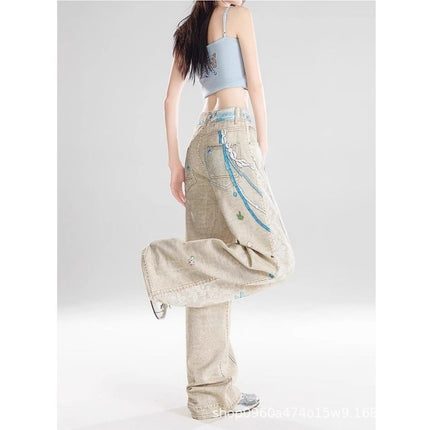 American Retro 3D Chain Print Women's Jeans Summer New Loose Slimming Wide-Leg Floor-Length Pants