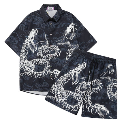 Cross-border Trade Trendy Brand Retro Xiangyun Loose Beach Shorts Printed Snake Bone Couple High Street Casual Pants Two-piece Set