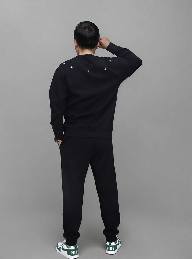 American-style High Street Casual Heavy Hot Drilling Meteor Shower Cross Plus Size Crewneck Sweatshirt Top fleece-lined Fat