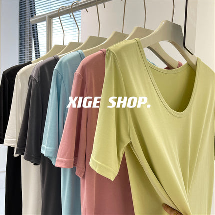 V Neck Cool Cupro T-Shirt for Women in Summer, Simple and Versatile Draped, Slim Goose Egg Collar, Pure Color Short-Sleeved Top T-Shirt