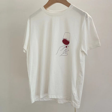 Niche Momsi*Er French Wine Glass Printed Short-Sleeved T-Shirt for Women Ins Super Hot Loose Summer Round Neck Tee