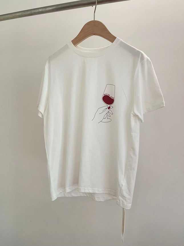 Niche Momsi*Er French Wine Glass Printed Short-Sleeved T-Shirt for Women Ins Super Hot Loose Summer Round Neck Tee