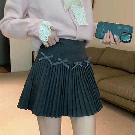 Bow-Knot Woolen Skirt for Women in Autumn and Winter, Anti-Exposure Culottes, Pleated Skirt, Small High-Waisted A-Line Skirt