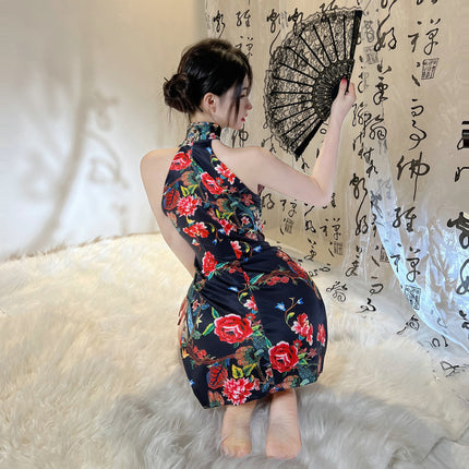 Water Drop Chest Nightgown Women's Sexy Guofeng Split Cheongsam Uniform Pure Desire Temptation Bed Hollow Sling Pajamas 2492