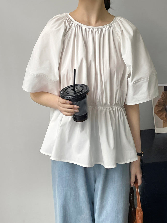 Taochuan Backless Discreet~Round Neck Elegant Slimming Look Versatile Waist Design Cut Out Short-Sleeved Shirt for Women 5385