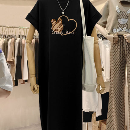 plus size Short-sleeved Cotton Mid-length Dress Women's 2025 Summer New All-match Loose Long Dress Flying Sleeve Split dress