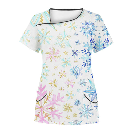 Cross-Border Aliexpress Amazon Women's Short-Sleeved Christmas Positioning Printed Flap Pocket Pants Top Scrub Clothes T-Shirt