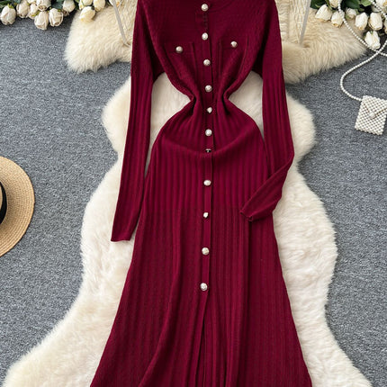 High-Quality 2025 Autumn Chanel-Style Private Wear for Socialites, Women's Knit Slit Dress with Round Neck and Bodycon Skirt