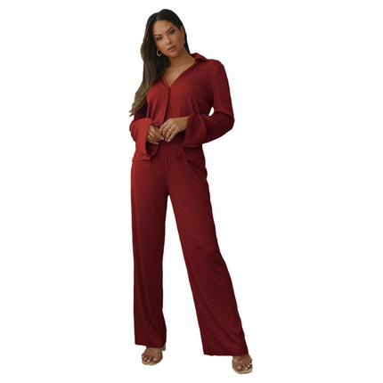 9905 Cross-border Europe and America Amazon V-neck Knitted Shirt Casual Women's Straight Pants Autumn and Winter Commuter Two-piece Set