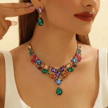 Cross-border Explosions European and American Rhinestone Bride Necklace Earrings suit Banquet Party Exaggerated Fashion Women's Dress Accessories