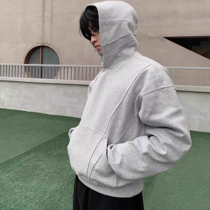 American Retro Splicing Deconstructed Cleanfit Gray Hooded Sweatshirt Simple High-End Silhouette Short Hoodie for Men