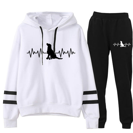 ECG Dog Print Parallel Bars Striped Hooded Sweat Pants suit Autumn and Winter European Code plus size Cross-border